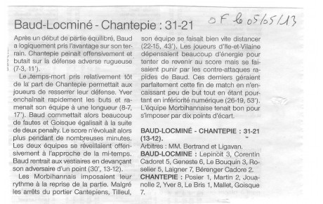 Résumé match contre Baud